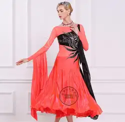 Настроить с оранжевыми стразами вышивка цветок длинный рукав фокстрот Вальс Танго Сальса бальных танцев платье
