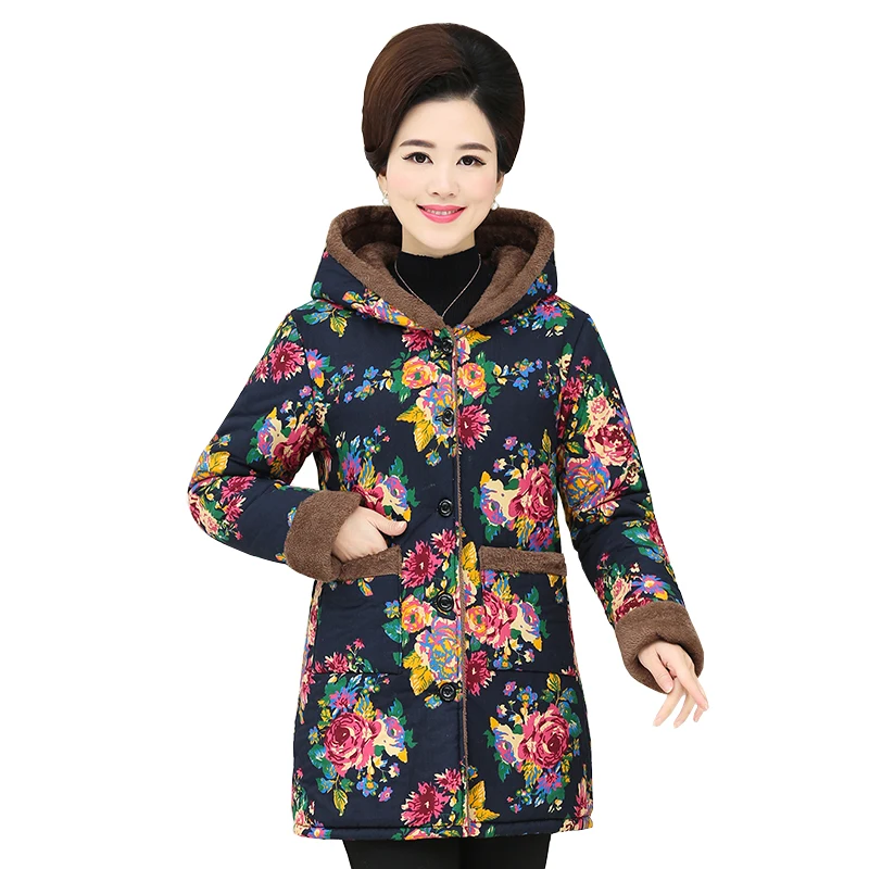 

Middle-aged mother Winter jacket 2018 New Autumn print Flower cotton Coat Long parka cotton Thick warm padded outerwear YM1073