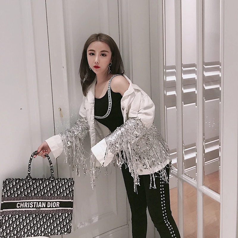 

New Spring Autumn Women Denim Jacket Single Breasted Sequins Tassel Long Sleeve Outwear Loose Female Denim Coats Black and White