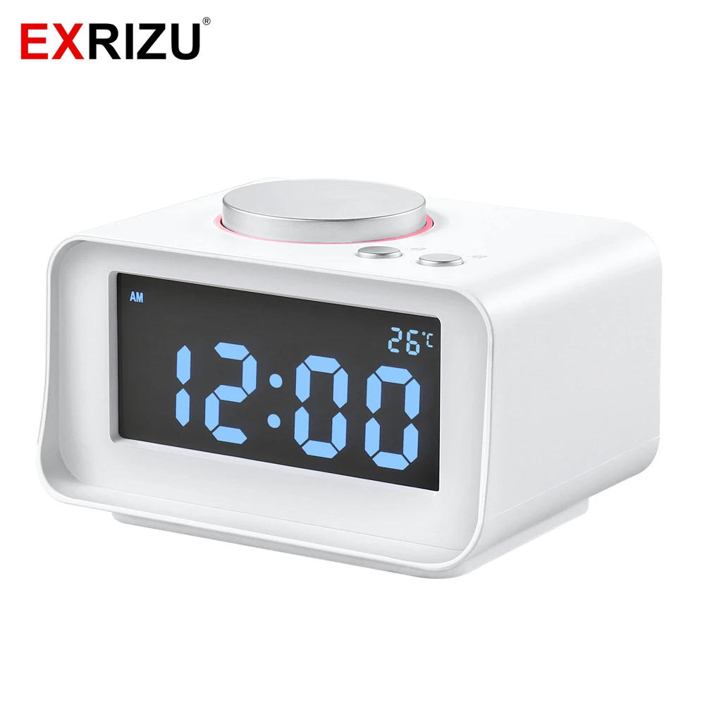 

EXRIZU K1 Indoor FM Radio Alarm Clock with Dual (1.1A+2.1A) USB Charging Port AUX Audio 3.2 inch LCD Screen Snooze Thermometer