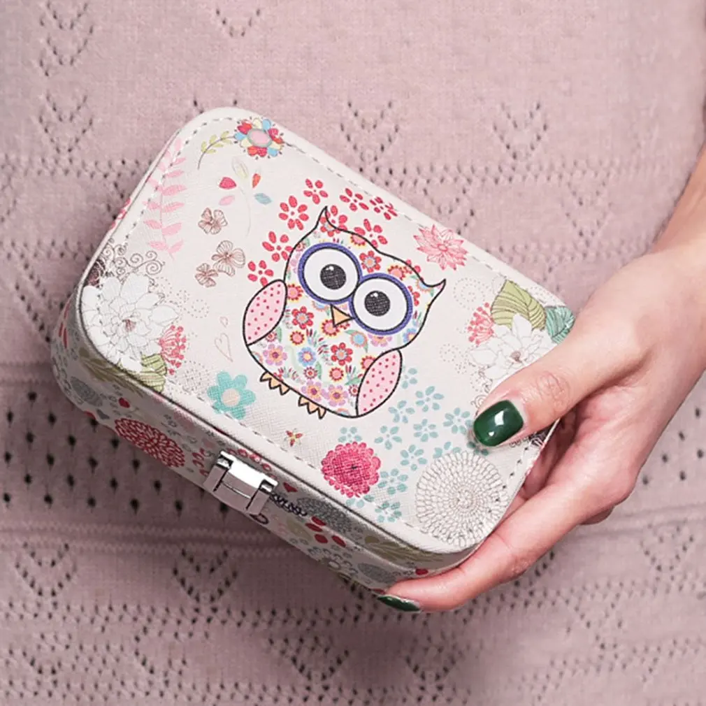 GENBOLI Owl Pattern Travel Jewelry Box Portable Leather Carrying Case Jewelry Organizer Storage Display Packaging Casket