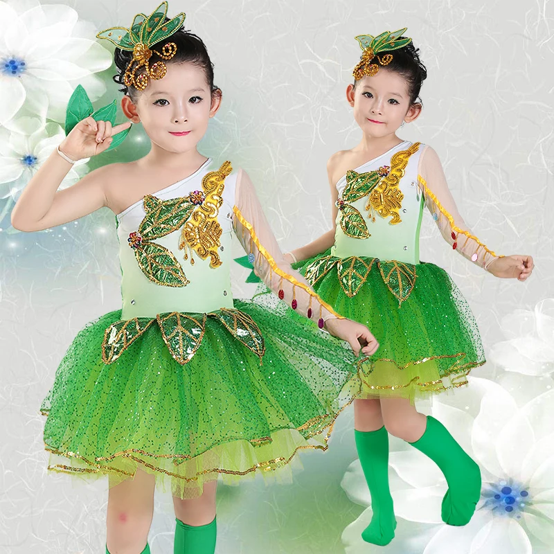 Songyuexia/детская одежда для газона, танцевальная одежда с жасминовым цветком, зеленая танцевальная одежда принцессы для сцены