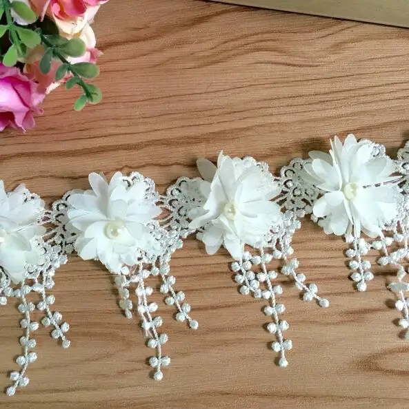 Lace Fabric Chiffon Fabric Chiffon Lace Fabric Lace Decoration Lace Accessories 1 Yard/Lot 8.5cm Off White 3D Chiffon Rose Lace Fabric Flower with Pearl Wedding Deco Fringe Lace Trim DIY Craft