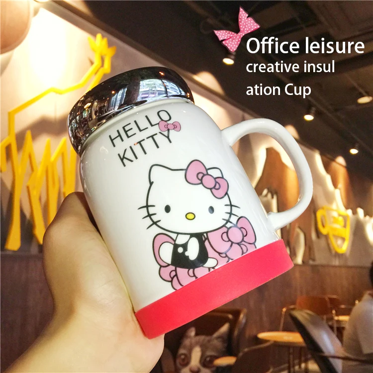 Super Kawaii Hello Kitty Mug with Mirror Lid Anime Ceramic Coffee Tea Mug for Girl Maid