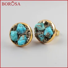 Новое поступление от borosa 12 мм золото цвет латунь натуральный зеленовато-голубой каменный Пирит чипы друзы серьги гвоздики для женщин G1192