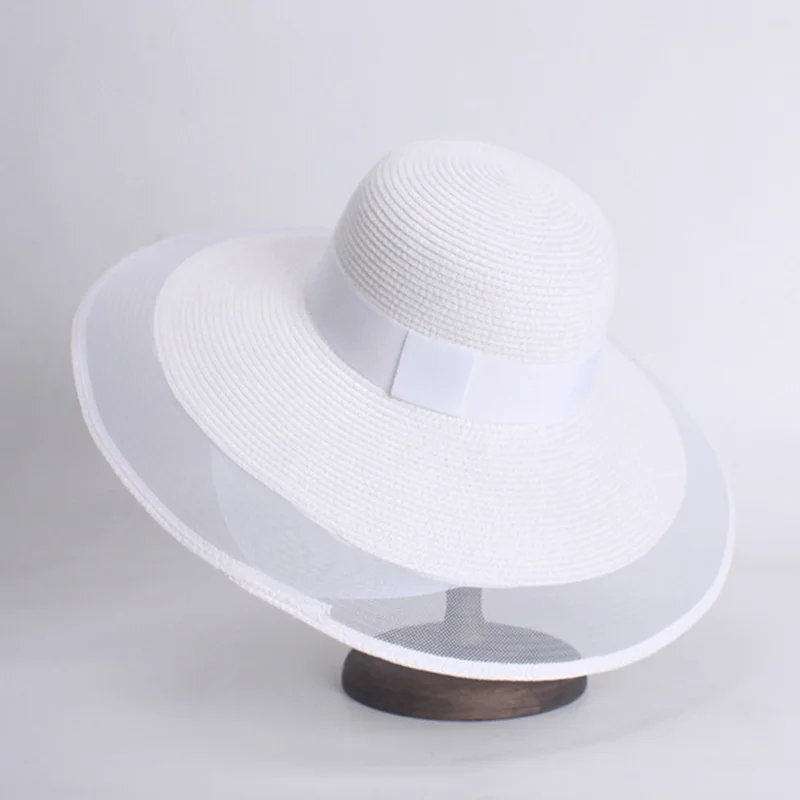 

Elegant Black White Sun Beach Hat Wide BrimVeil Netting Fedora Floppy Big Brim Women Summer Straw Hats UV Protection Sun Hats