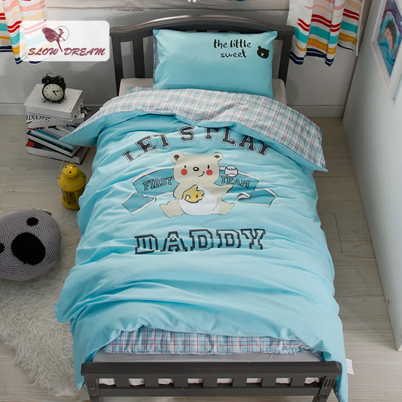 

SlowDream Cute Handball Baby Cartoon Bear Blue Bedding Set Kids Embroidery Duvet Cover Set 100% Cotton Home Textiles 3pcs