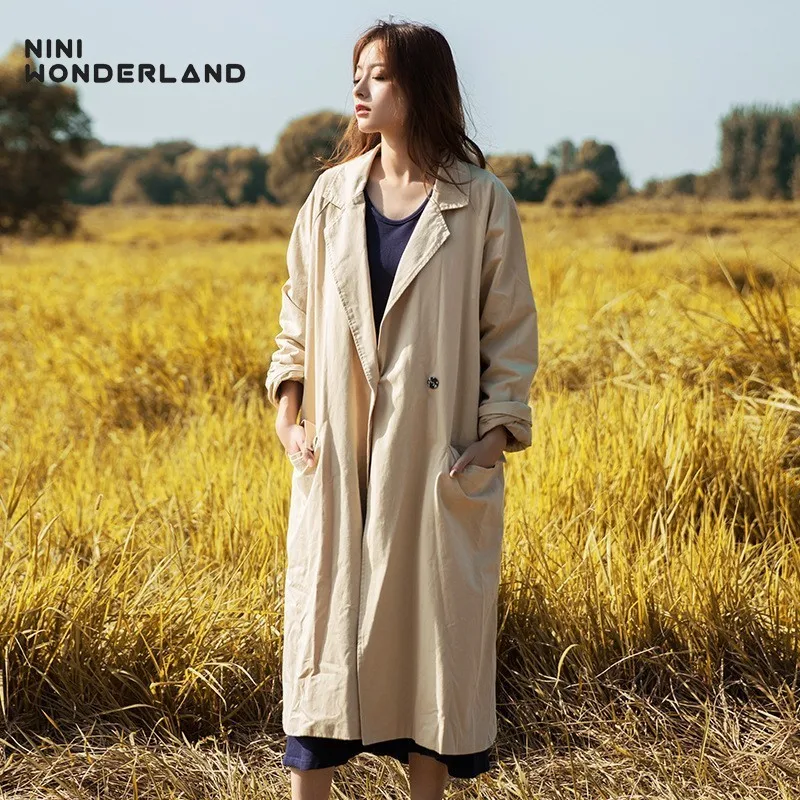 

NINI WONDERLAND Spring Autumn Winter Trench Coat Women Loose Long Outerwear Lady Cotton Casual Windbreaker Solid Coat Large Size