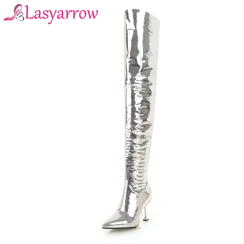 

Lasyarrow Women's Thigh High Stiletto Boots Sexy Over the Knee Boots Women Boots Red Black Silver Patent Leather Long Boots F311