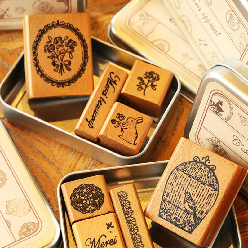 

4PCS Handmade French Wooden Stamp DIY Diary Photo Album Craft Decorative Scrapbooking Wood Stamp Retro Stationery Rubber Stamps
