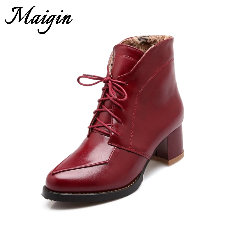Maigin 2018 New Ankle Boots for Women Square Heel Ladies Shoes Pointed Toe Lace-up Boots Women Winter Shoes Women Sneakers