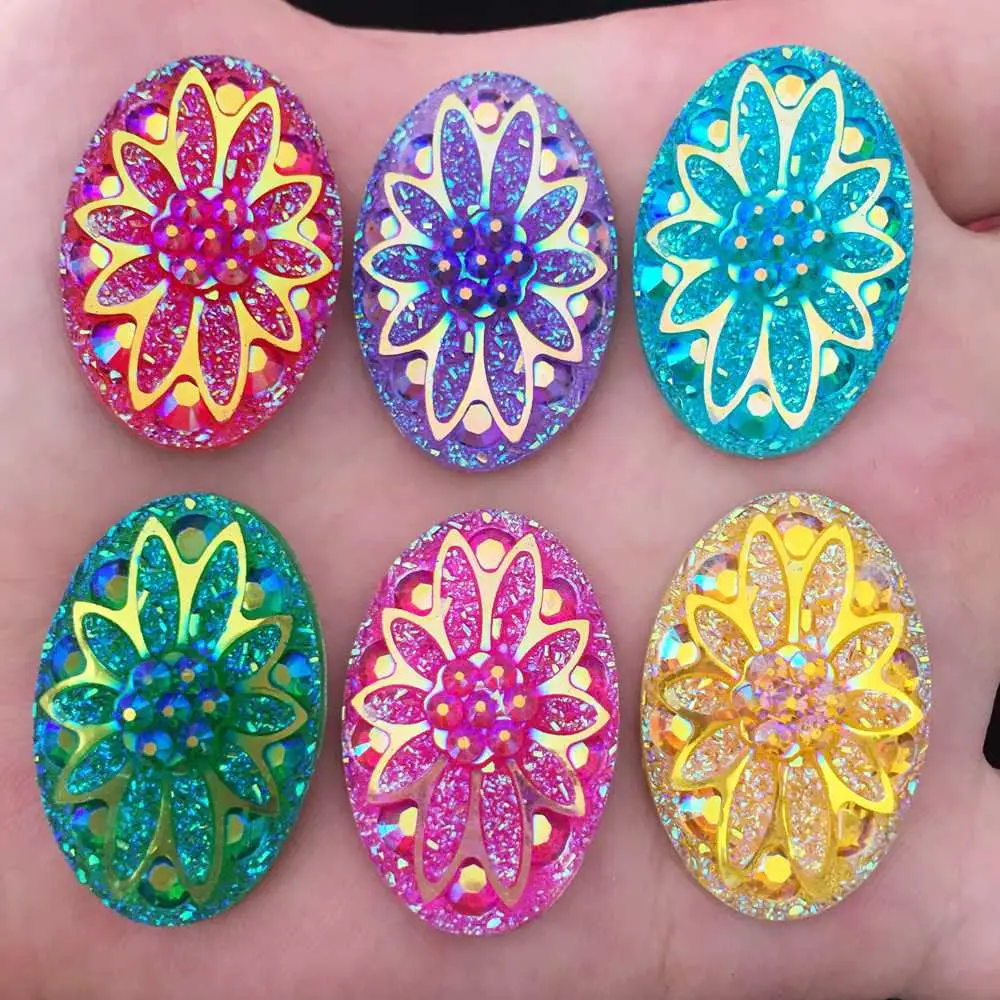 DIY 6PCS 20mm*30mm AB Resin mix oval Flower Rhinestone Flatback Wedding Buttons F072 | Дом и сад