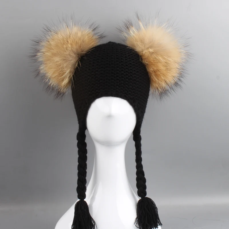 Новая осенне-зимняя шапка для детей, детская шапочка с хвостиком, 15 см, вязаная шерстяная шапка с натуральным мехом и помпоном, шапка для мальчиков и девочек, шапка с ушками