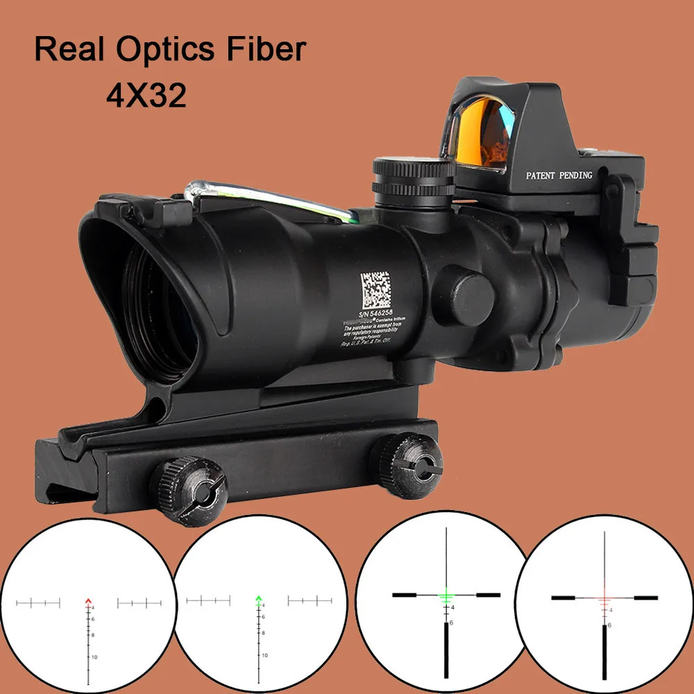 

ohhunt Hunting ACOG 4X32 Real Fiber Optics Chevron BDC Reticle Red Green Illuminated Riflescope for Rifle .223 .308 Caliber