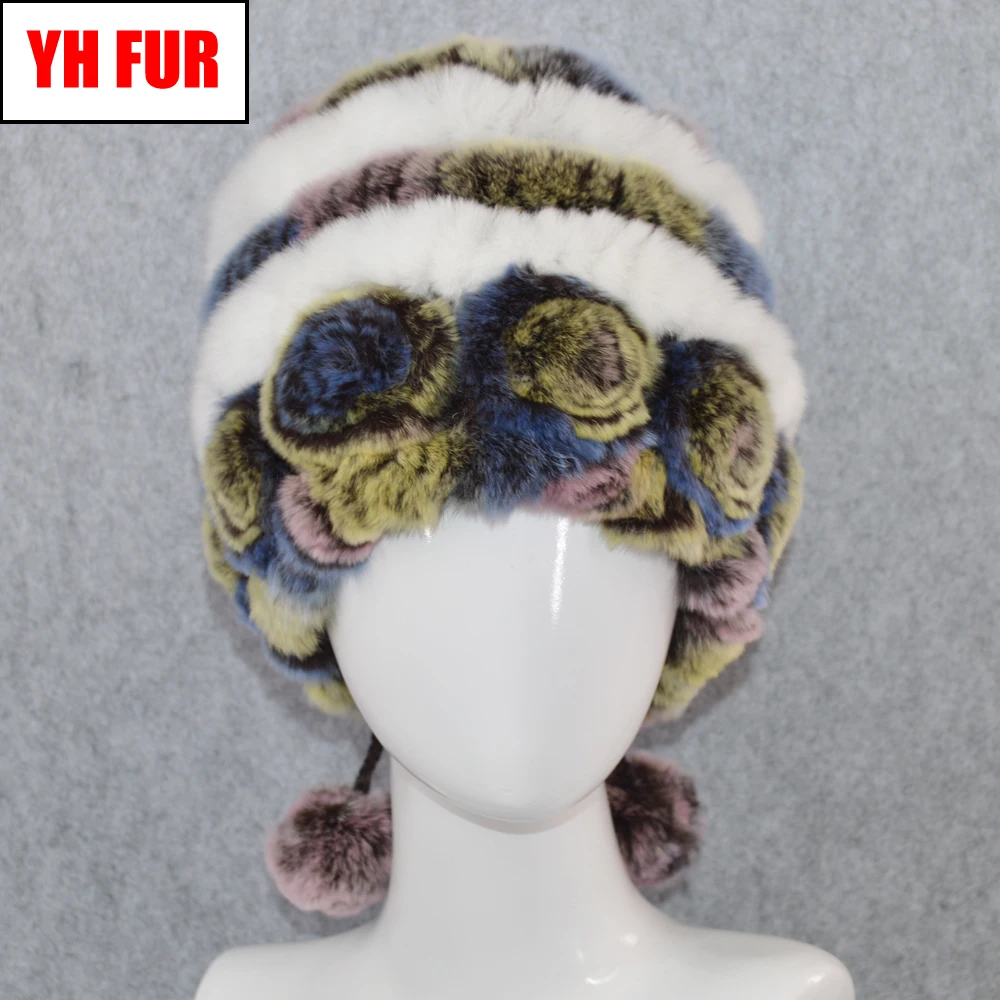 

Winter Women Flowers Natural Real Rex Rabbit Fur Hats Lady Warm Knitted Genuine Real Rex Rabbit Fur Caps Russian Outdoor Fur Hat