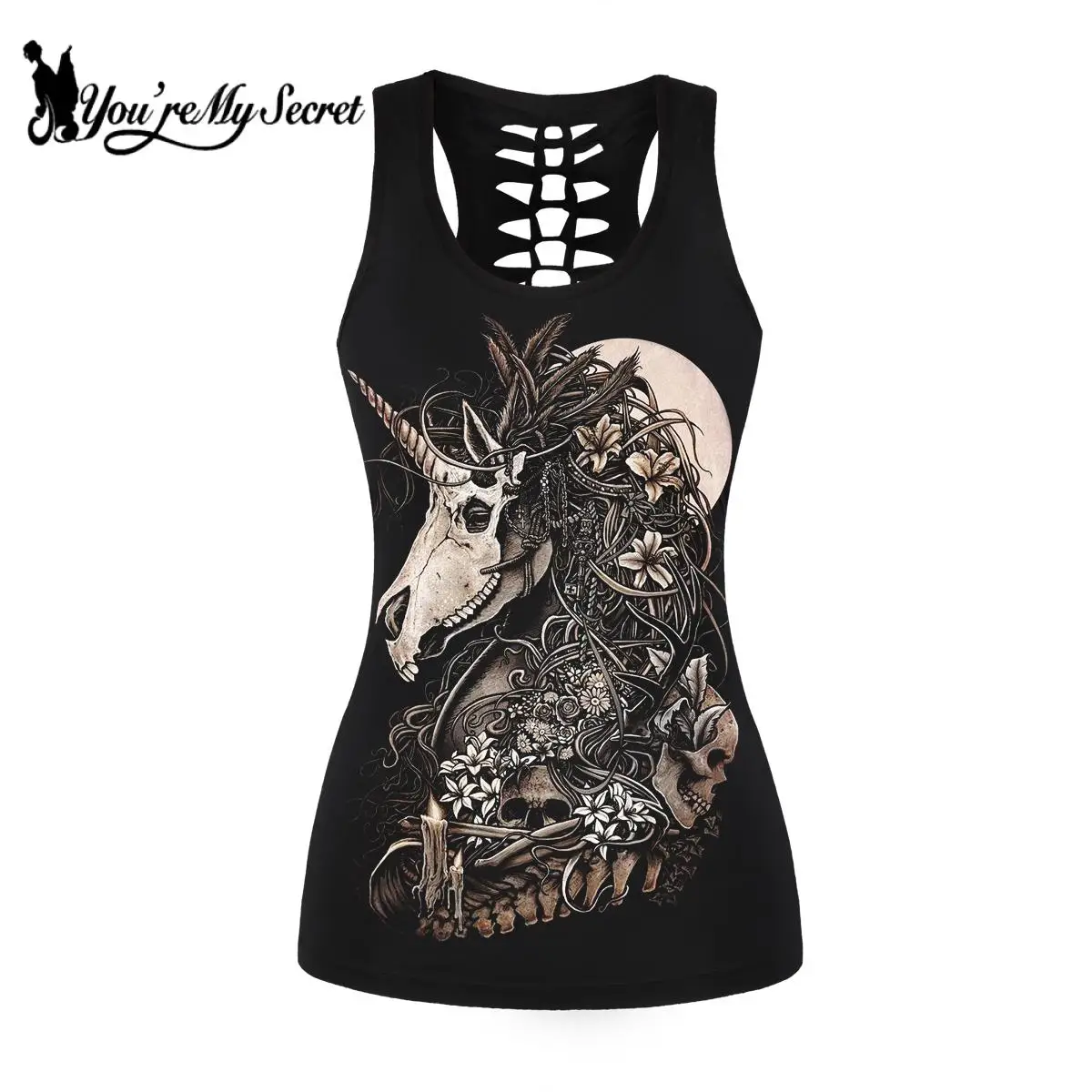 

[You're My Secret] Summer Hollow Top For Women Gothic Punk Hollow Out Vest Unicorn Skull Black Fitness Tank Top Female Clothing