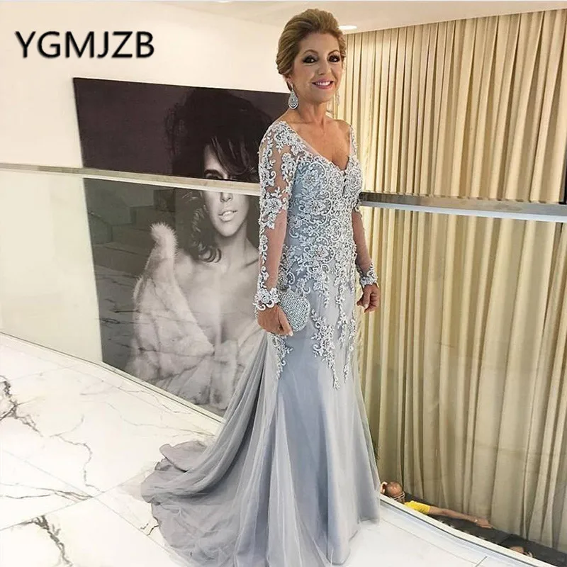 

Elegant Lace Prom Dresses 2019 Mermaid V Neck Illusion Long Sleeve Appliques Evening Dresses Women Formal Dress Party Gown