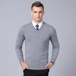 Высокое качество Мужские 100% свитер из чистой шерсти с длинным рукавом осень и зима мужской Однотонный свитер с v-образным вырезом