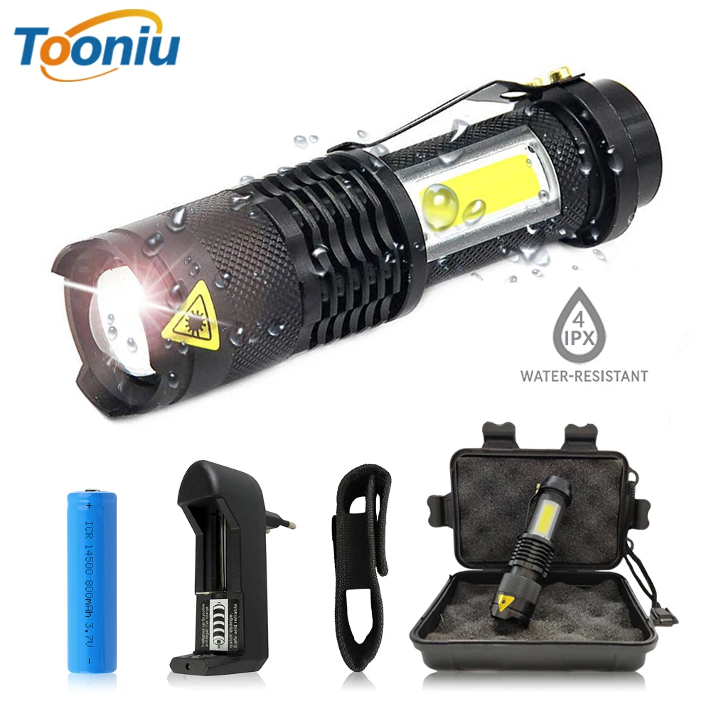 

Portable LED Flashlight Q5 +COB Mini Black 2000LM Waterproof Zoom LED Torch penlight Use AA or 14500 Battery Lighting lantern