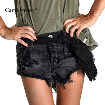 

CamKemsey Classic Hemming Summer High Waist Shorts Women Casual Fringe Floral Embroidery Black Denim Shorts Womens Clothing