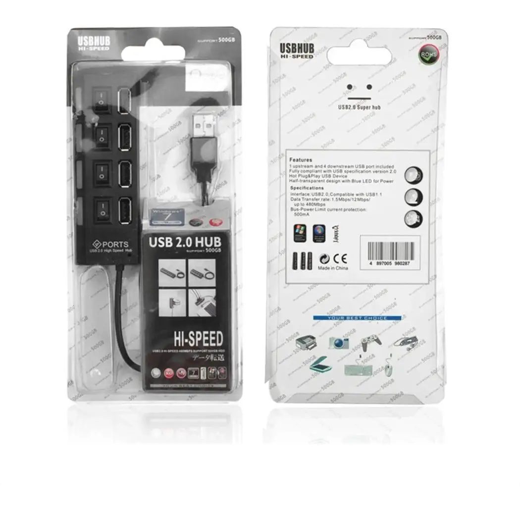 Kindes 4-Port USB 2.0 Hub Splitter Switches for Mobile Phone Switches 10.5 x 3.5 x 2.5cm