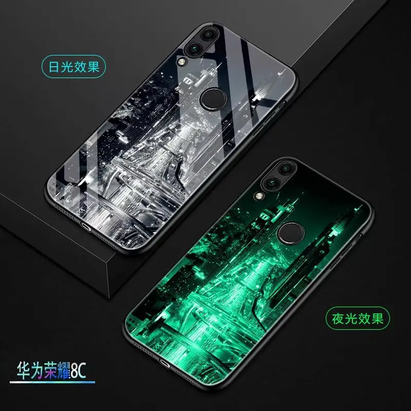 

For Huawei Honor 8C Case Luxury Luminous Pattern Hard Tempered Glass Protect Back Cover Case for honor 8C 8 C honoe8C shell