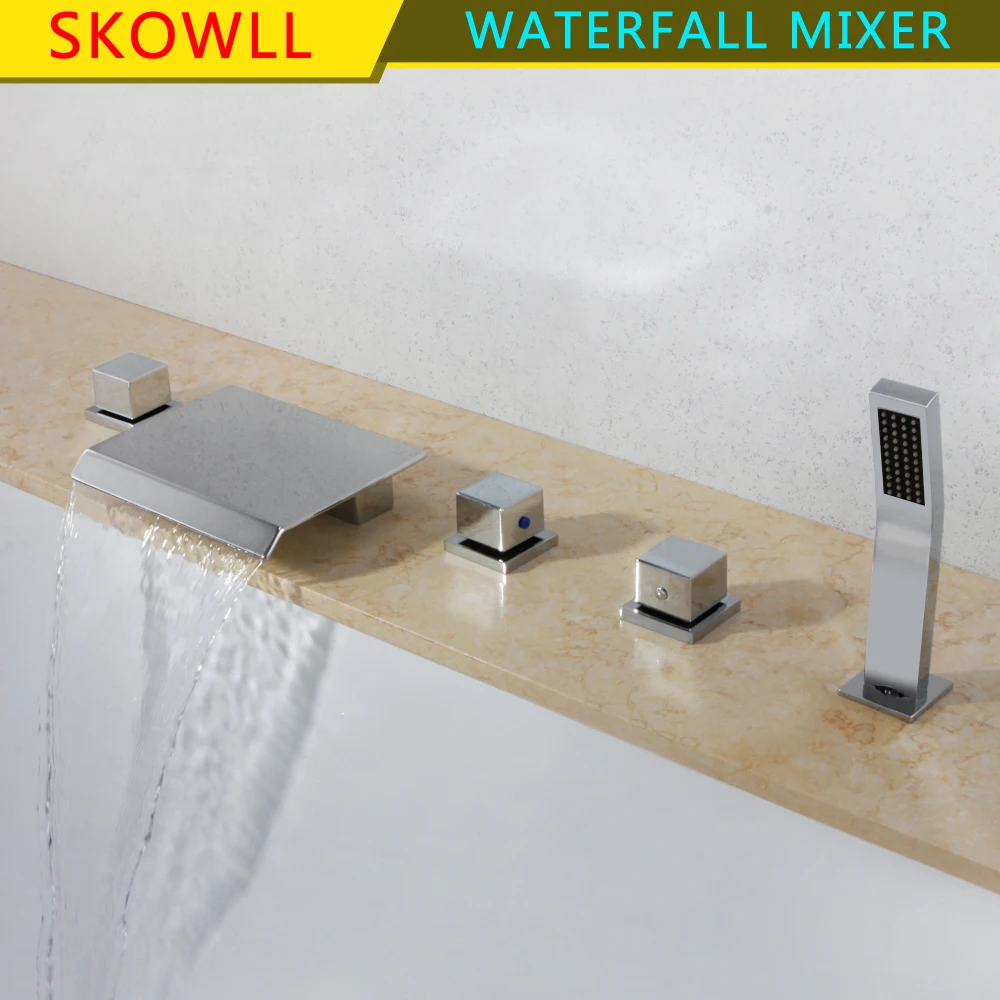 Waterfall Spout 5pcs Bathtub Faucet Deck Mount Tub Mixer Tap Pull Out