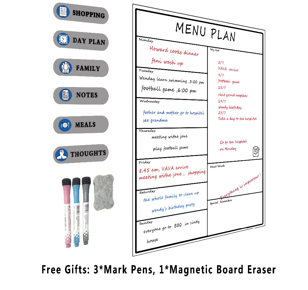 A3 Магнитная сухая стираемая еженедельная Планерная доска с календарем Устойчивая Технология семья, дом, офисный холодильник с 3 ручкой