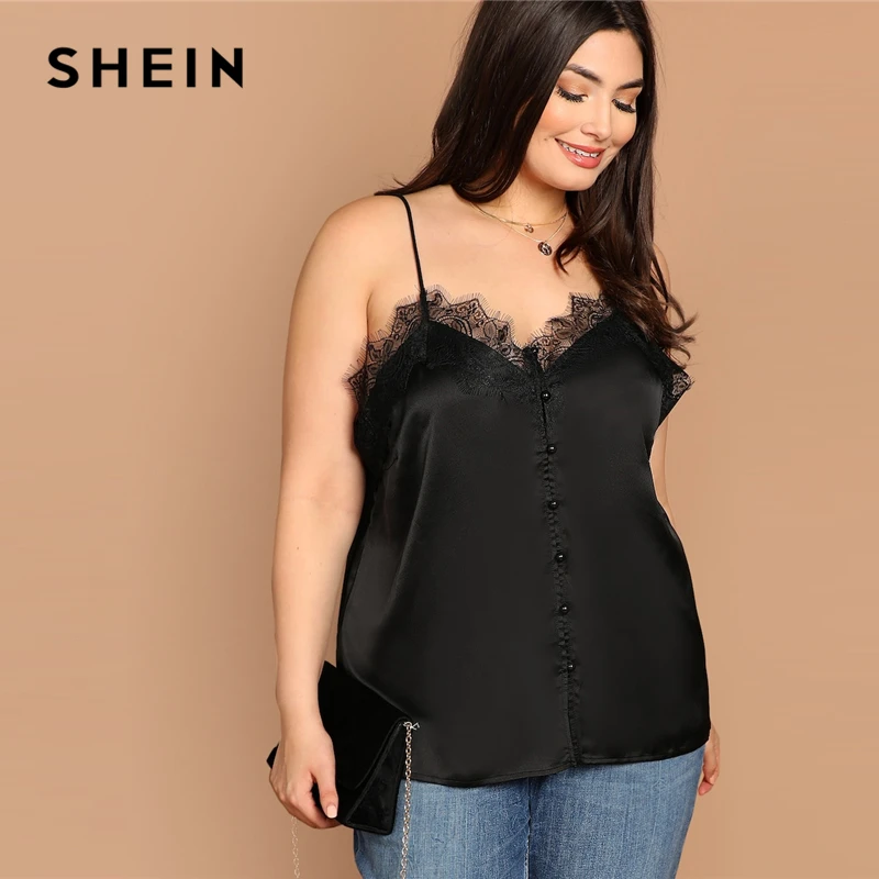 SHEIN براقة الأسود زائد حجم التباين الرباط تريم كامي الحرير أعلى المرأة 2019 الصيف عالية الشارع السباغيتي حزام سترة أعلى