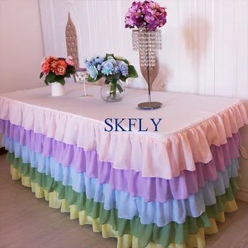 

SK008A gorgeous custom made new fancy wedding ruffled pastel rainbow chiffon table skirt with velcro