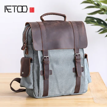

AETOO Double Shoulder Bag male college wind student schoolbag large capacity casual canvas with leather shoulder backpack