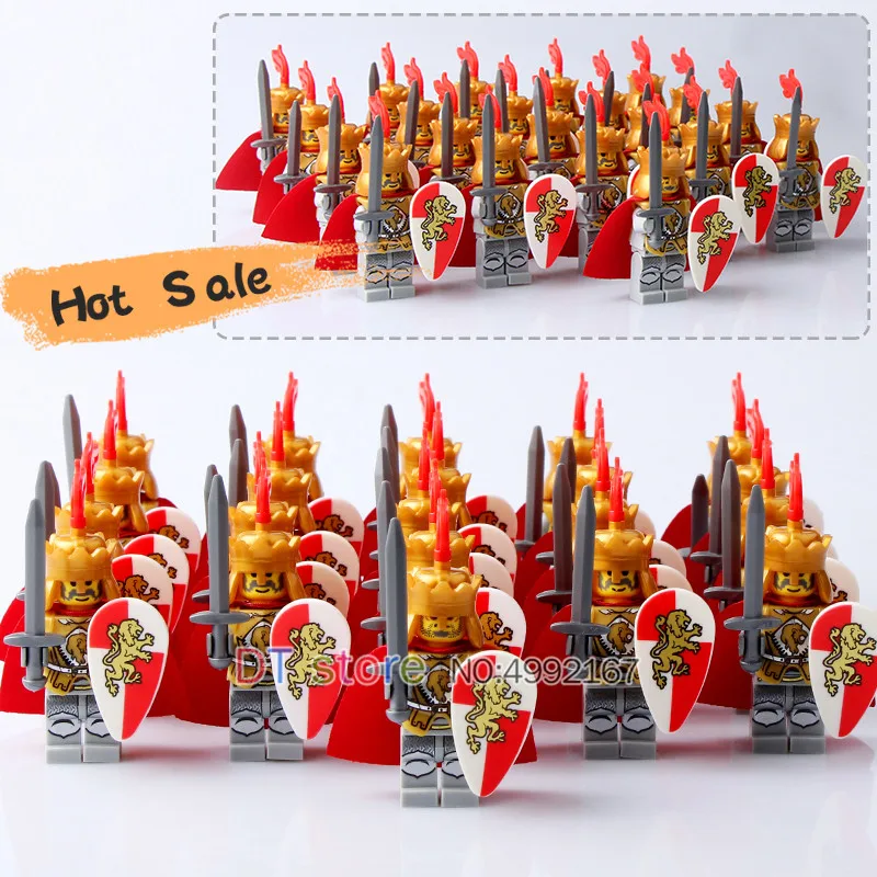 

21Pcs/Lot Medieval Castle Army Red Lion Shield Knight with weapons Action Legoed Minifiguresed Gifts Building blocks Toys 9809