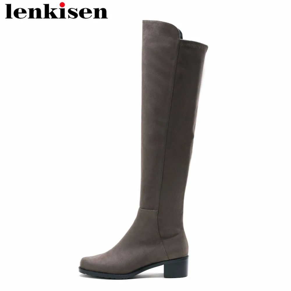 

Lenkisen autumn winter brand shoes rome zipper solid round toe med heels flock hollywood movie stars women knee-high boots L06