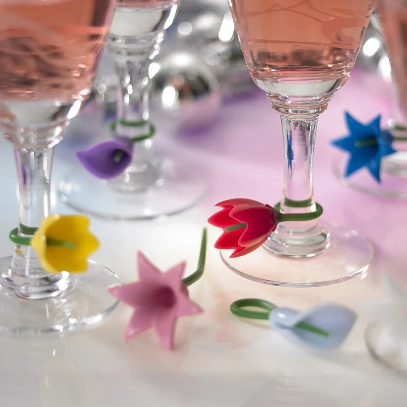 

6pcs Silicone Flowral Wine Charms glass markers for Stemware Glasses, Universal Drink Markers with clip(12 colors available)
