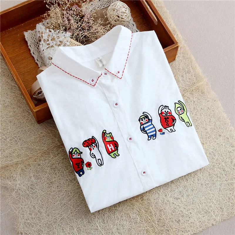 

Blouse Shirt Female Cotton 2017 New Summer Autumn Solid Sweet Cartoon Embroidery Shirts Women Long Sleeve Tops Ladies Clothing