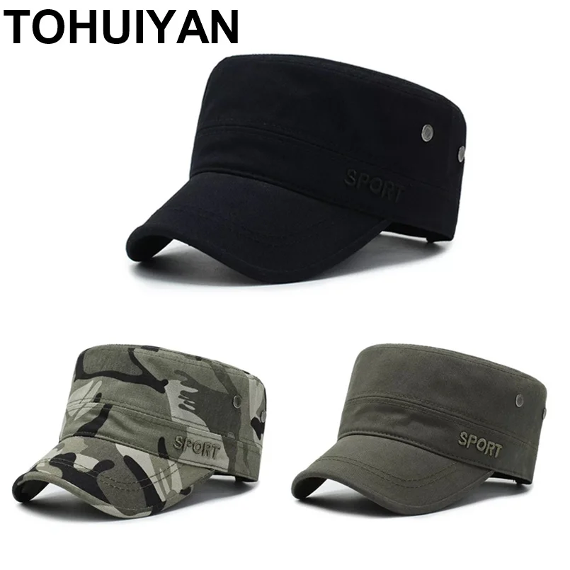

TOHUIYAN Men Women Military Style Cadet Army Cap Solid Color Washed Cotton Flat Top Caps Spring Summer Outdoor Unisex Visor Hats