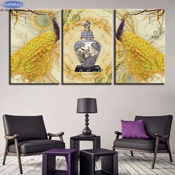 

Needlework Diy Diamond Painting Cross Stitch 3 Pieces Golden Peacock Diamond Embroidery Full Square Round Mosaic Pictures