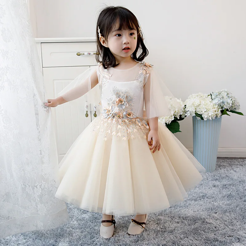 

Appliques Flower Girl Dresses Ball Gown Evening Dress Flare Sleeve Girls Formal Dress Big Bowknot Princess Party Dress B453