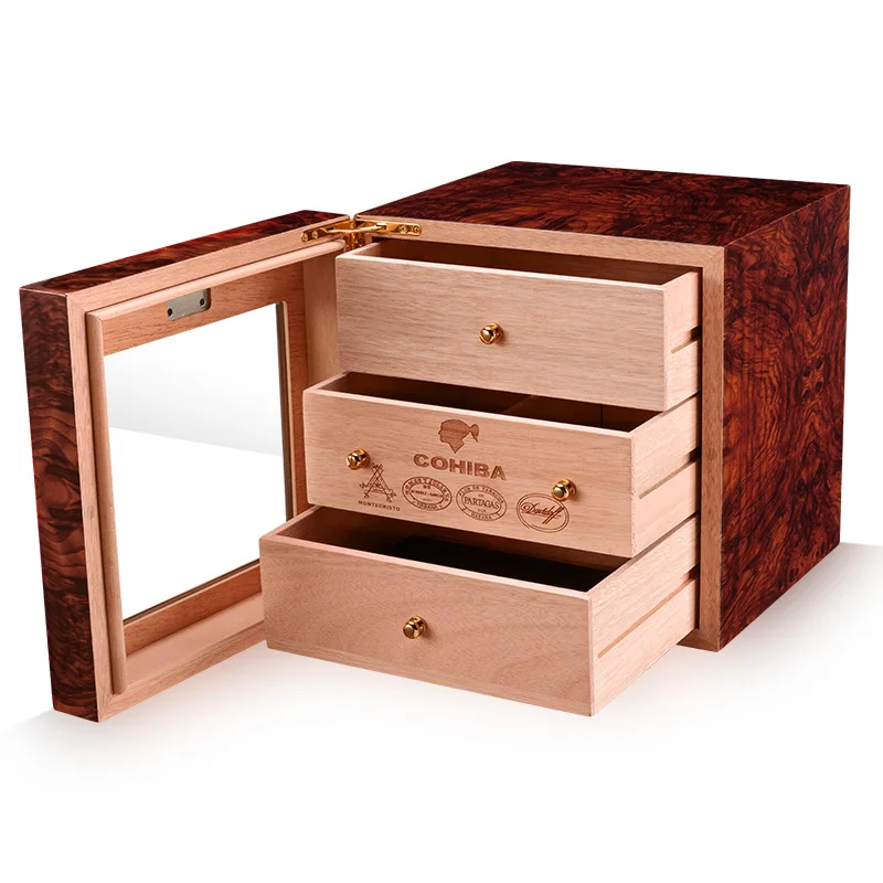 CIGARLOONG 3 Layers Cigar Humidor Box cedar Wood Lined Hygrometer Smoking Cigar Accessories Gifts CA-0412