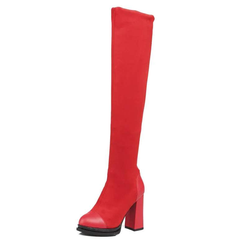 MORAZORA/ Новое поступление; Сапоги выше колена; женские сапоги из флока без застежки на платформе и высоком каблуке; Простые осенние вечерние женские туфли для выпускного - Цвет: Красный