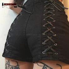 Сексуальные летние женские джинсовые шорты, новинка, черные рваные шорты с высокой талией, женские джинсовые шорты со шнуровкой сзади, новинка, большие размеры