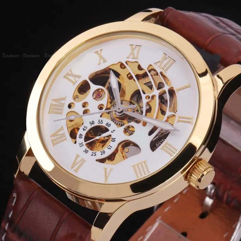Casual font b Men b font Skeleton Wrist Watch Automatic font b Mechanical b font Stainless