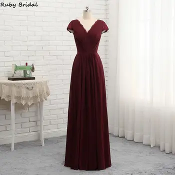 

2019 New Vestido De Noite Long A-line Burgundy Evening Dresses Sexy Chiffon Lace Top Pleats Party Prom Gown PW917
