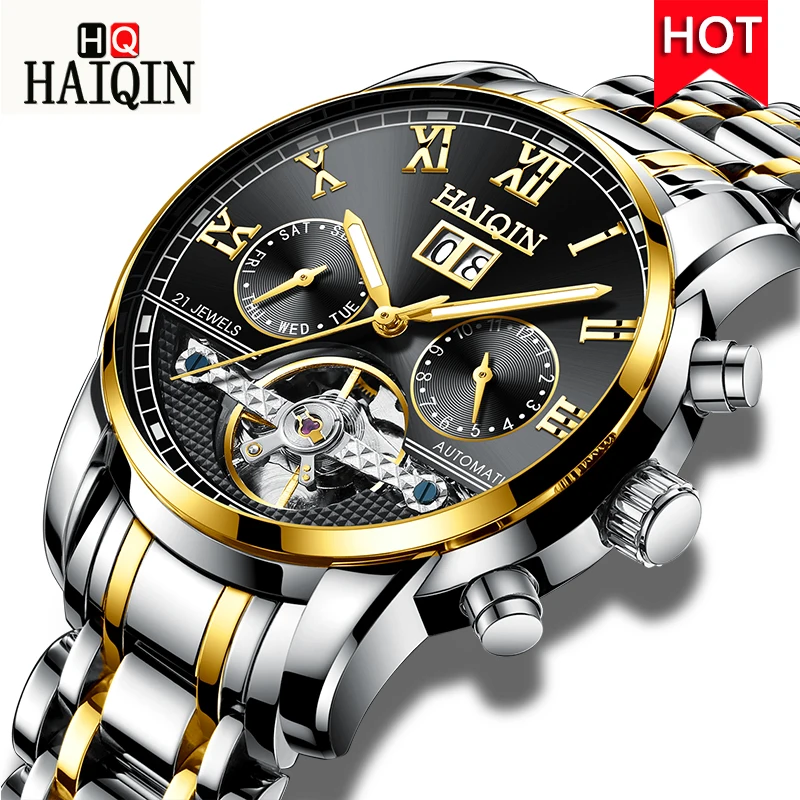 HAIQIN التلقائي الميكانيكية رجل الساعات العلامة التجارية الأعلى الرجال ووتش الأعمال توربيون الذكور ساعة معصم توقيت Reloj hombres 2019