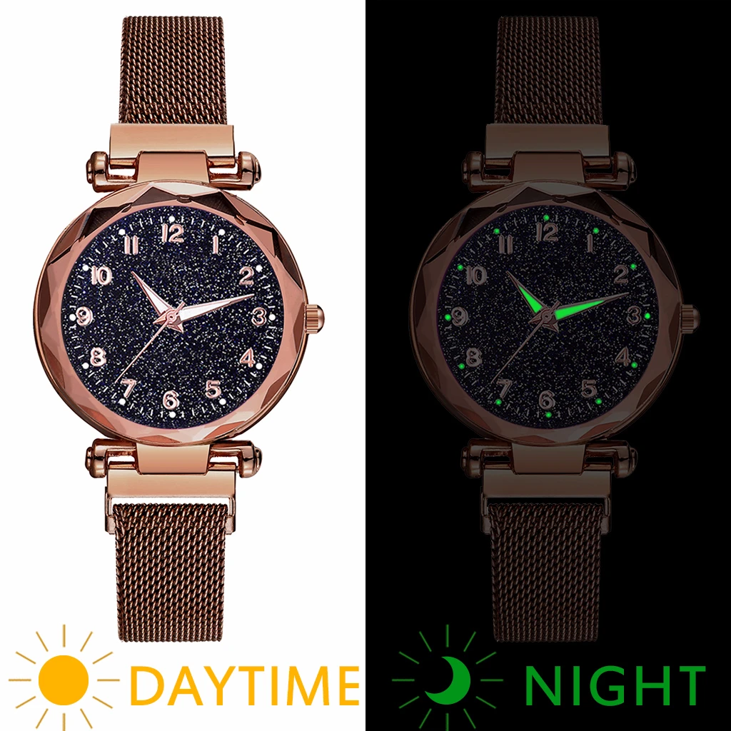 Лидер продаж женские часы с магнитной пряжкой звездное небо светящиеся роскошные женские кварцевые часы из нержавеющей стали Relogio Feminino - Цвет: brown
