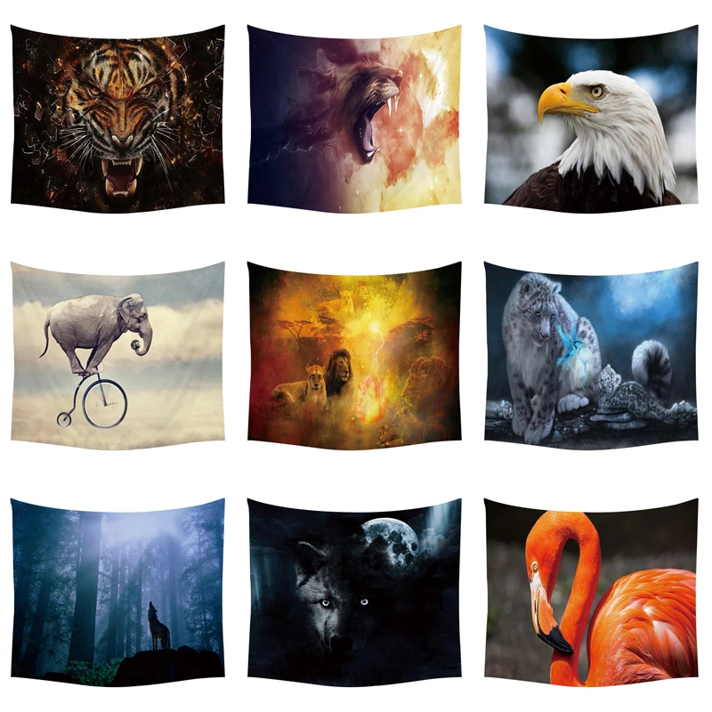 

Animal Indian Lion Tapestry Wolf Cat Flamingo Printed Wall Carpet Polyester Tapestries Home Decorative apestries Beach Towel