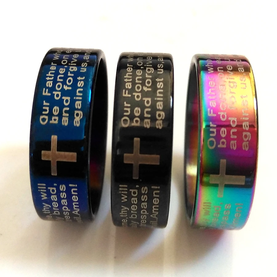 

50pcs English BLACK BLUE RAINBOW top mix Lord's Prayer Rings Men Stainless Steel Bible Cross Rings Wholesale Religious Jewelry