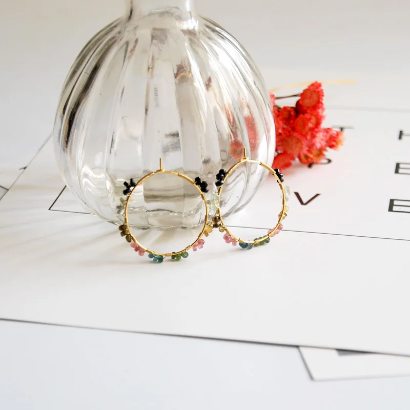 Золото Серебро модные украшения Золотой серьги кольца минималистский дизайн натуральный турмалин с разноцветными кристаллами для женщин подарок