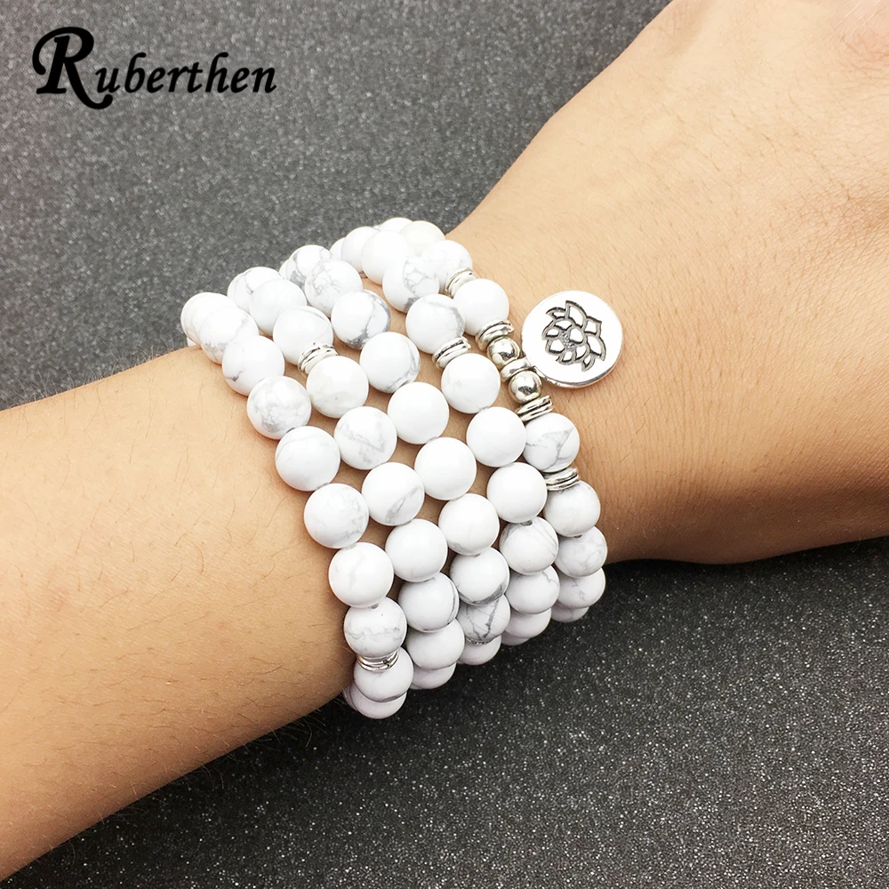 Kaufen Ruberthen Entwickelt frauen Armband Trendy 108 Mala Howlite Lotus Armband oder Halskette Hohe Qualität Yogi Schmuck Geschenk für Mädchen