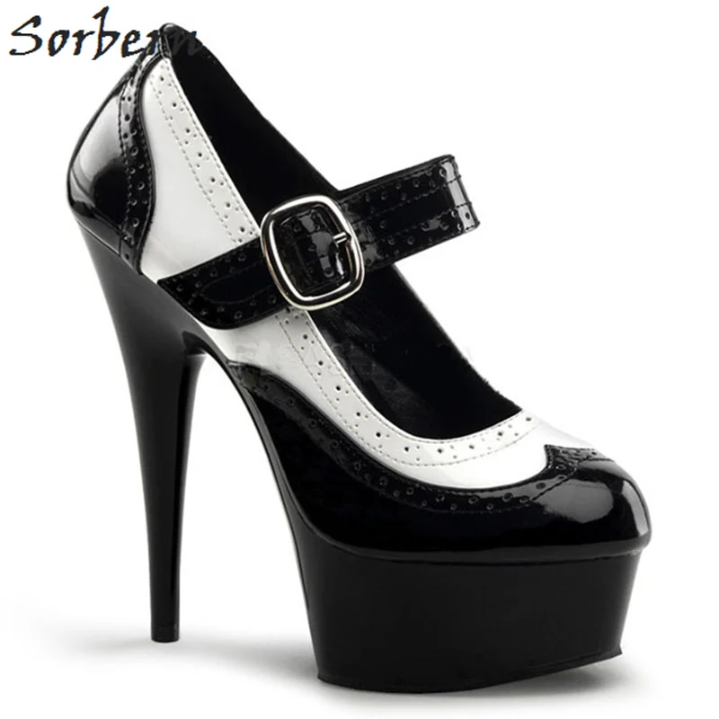 Sorbern 15Cm Black And White Mary Janes Lolita Cosplay Shoes Black Heels Womens Heels Shoes Girls Maid Pump High Heels Custom